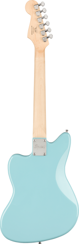 The image shows the back of a seafoam green electric guitar, likely a Squier by Fender, identified by the offset body shape and headstock. It features a natural maple neck and headstock with visible wood grain, six chrome tuning pegs in a 6-inline layout, and a chrome neck plate with the Squier logo. The clean, minimalist design highlights the classic Fender-style aesthetic.