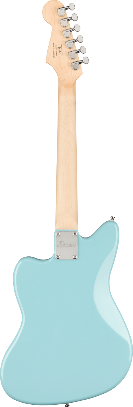The image shows the back of a seafoam green electric guitar, likely a Squier by Fender, identified by the offset body shape and headstock. It features a natural maple neck and headstock with visible wood grain, six chrome tuning pegs in a 6-inline layout, and a chrome neck plate with the Squier logo. The clean, minimalist design highlights the classic Fender-style aesthetic.