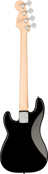 The image shows the back of a modern electric bass guitar with a natural wood neck and headstock, black glossy body, and four tuning pegs. It features a metal neck plate with a logo and a long scale length typical of bass guitars. The design resembles classic Fender Precision or Jazz basses, combining quality hardware and a timeless look suitable for studio and stage use.