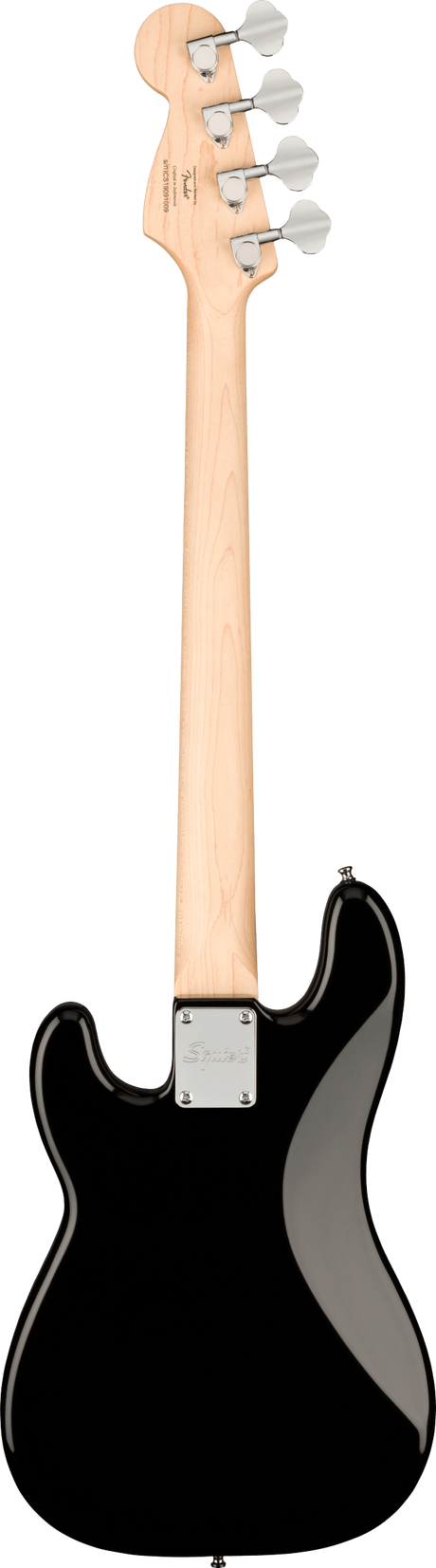 The image shows the back of a modern electric bass guitar with a natural wood neck and headstock, black glossy body, and four tuning pegs. It features a metal neck plate with a logo and a long scale length typical of bass guitars. The design resembles classic Fender Precision or Jazz basses, combining quality hardware and a timeless look suitable for studio and stage use.