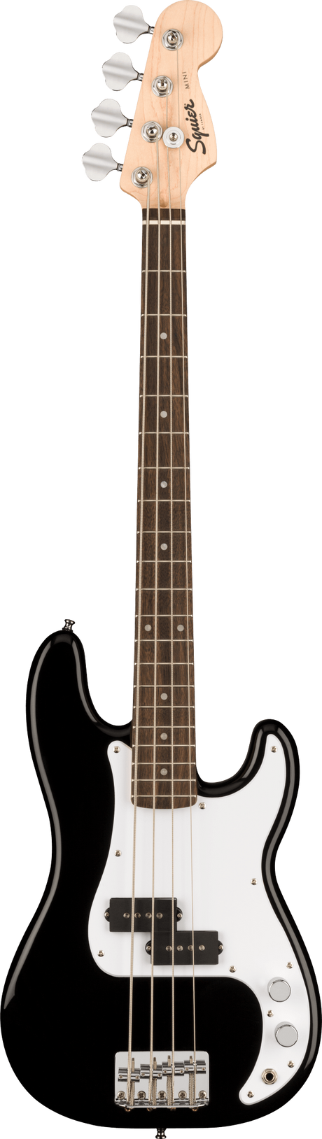 The image shows a Squier 4-string electric bass guitar with a black Precision Bass-style body, white pickguard, and a split-coil P-bass pickup. It features a maple neck with a dark wood fretboard, chrome hardware, and four tuning pegs on a natural wood headstock branded "Squier." Two control knobs are visible. This model likely belongs to Squier's Contemporary or Classic Vibe series, offering classic Fender Precision Bass design and sound at an affordable price.