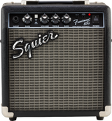 The image shows a Squier Frontman 10G guitar amplifier, a compact 10-watt practice amp with black vinyl covering, silver corner protectors, and a gray grille with the Squier logo. Controls include input jack, gain, clean switch, volume, treble, bass, aux input, headphone output, and power switch. It’s an affordable, entry-level amp ideal for beginners and small practice sessions.