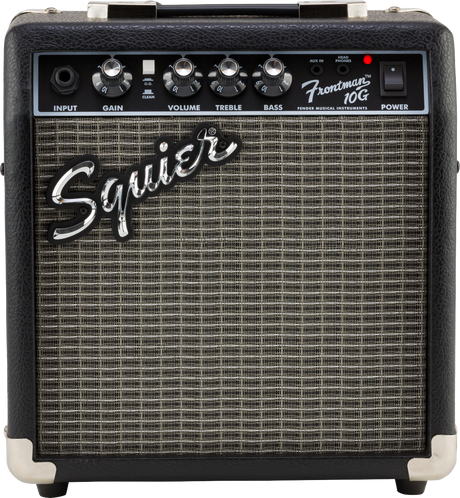 The image shows a Squier Frontman 10G guitar amplifier, a compact 10-watt practice amp with black vinyl covering, silver corner protectors, and a gray grille with the Squier logo. Controls include input jack, gain, clean switch, volume, treble, bass, aux input, headphone output, and power switch. It’s an affordable, entry-level amp ideal for beginners and small practice sessions.