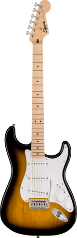 The image shows a Squier Stratocaster-style electric guitar with a sunburst finish, white pickguard, and three single-coil pickups. It features chrome hardware, a standard tremolo bridge, maple neck and fretboard with dot markers, and six tuning pegs. The "Squier" logo is visible on the headstock. This is an entry-level to intermediate guitar offering classic Fender design and sound at an affordable price.