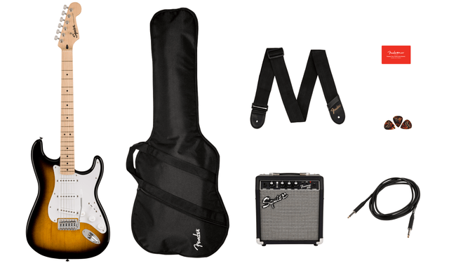 The image shows a complete Squier electric guitar starter pack, including a sunburst Stratocaster-style guitar with maple neck, a black Fender gig bag, black adjustable Fender strap, small Squier practice amplifier, guitar cable, tortoiseshell picks, and a red Fender product or warranty card. This bundle provides all essentials for beginners to start playing electric guitar.