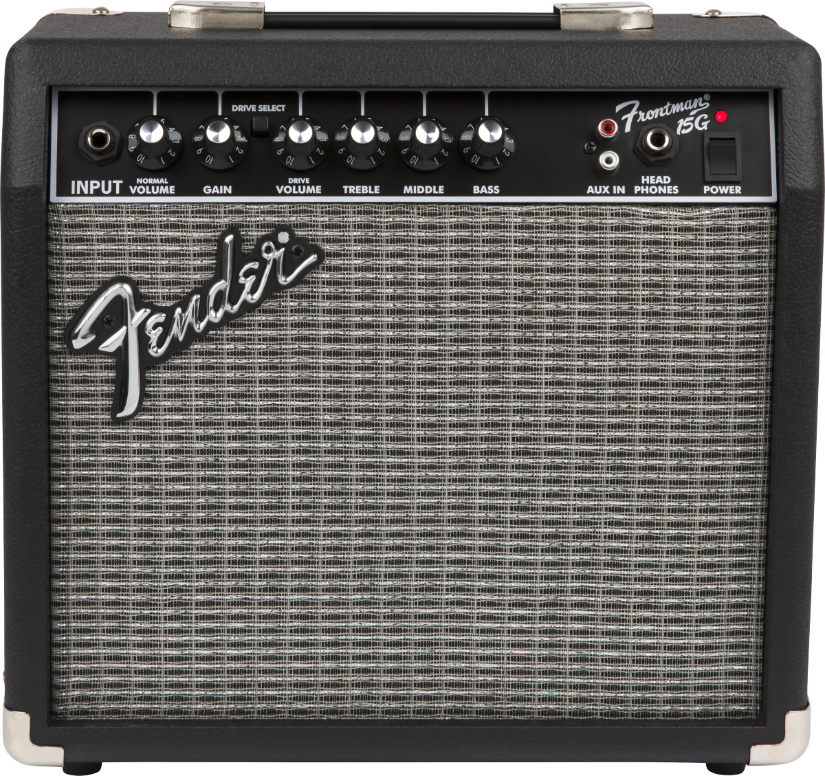 The image shows a Fender Frontman 15G, a compact 15-watt electric guitar practice amplifier with a black tolex exterior and silver grille. It features a classic Fender logo, top handle, input jack, volume and gain controls, Normal/Drive selector, 3-band EQ, auxiliary input, headphone output, and power switch. Ideal for beginners, it offers clean and overdriven tones suitable for practice and small venues.