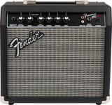 The image shows a Fender Frontman 15G, a compact 15-watt electric guitar practice amplifier with a black tolex exterior and silver grille. It features a classic Fender logo, top handle, input jack, volume and gain controls, Normal/Drive selector, 3-band EQ, auxiliary input, headphone output, and power switch. Ideal for beginners, it offers clean and overdriven tones suitable for practice and small venues.