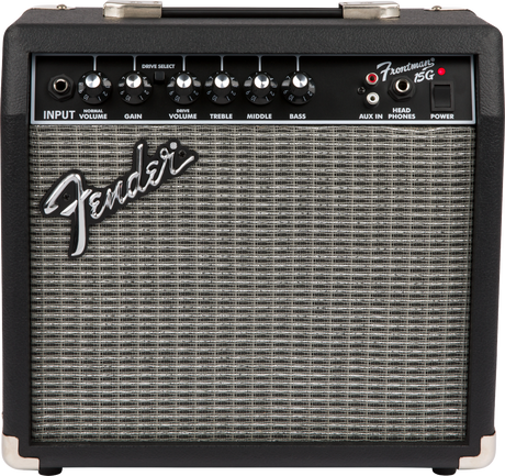 The image shows a Fender Frontman 15G, a compact 15-watt electric guitar practice amplifier with a black tolex exterior and silver grille. It features a classic Fender logo, top handle, input jack, volume and gain controls, Normal/Drive selector, 3-band EQ, auxiliary input, headphone output, and power switch. Ideal for beginners, it offers clean and overdriven tones suitable for practice and small venues.