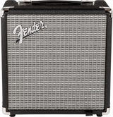 The image shows a compact Fender guitar amplifier with a black textured vinyl exterior, chrome corners and handle, and a silver-gray speaker grille. The white Fender logo is displayed on the front. This small combo amp, likely 10-40 watts, is designed for practice or small performances. It features the classic Fender design, known for its timeless style and widespread use by guitarists across genres.