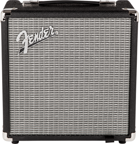 The image shows a compact Fender guitar amplifier with a black textured vinyl exterior, chrome corners and handle, and a silver-gray speaker grille. The white Fender logo is displayed on the front. This small combo amp, likely 10-40 watts, is designed for practice or small performances. It features the classic Fender design, known for its timeless style and widespread use by guitarists across genres.