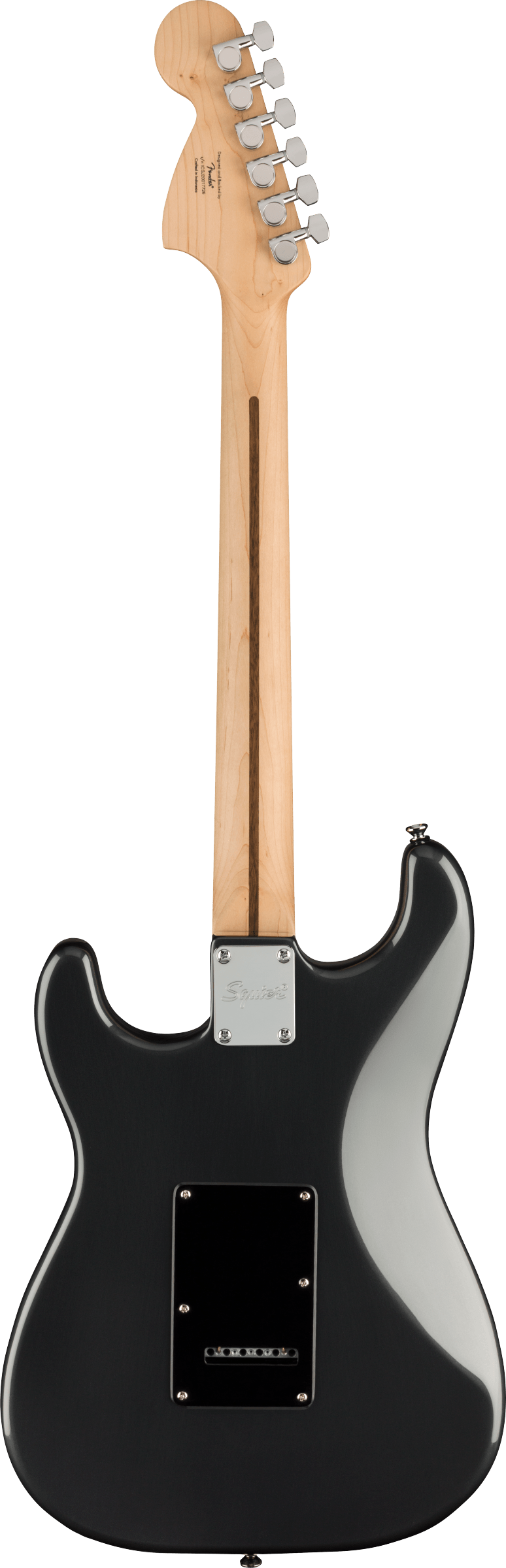 The image shows the back of a Squier Stratocaster-style electric guitar with a sleek black body, natural maple neck and headstock, and six chrome tuning pegs. It features a bolt-on neck with a visible neck plate, a tremolo cavity cover on the body, and the classic contoured Stratocaster shape. This affordable Fender subsidiary model combines iconic design with functional, clean aesthetics.
