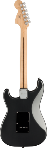 The image shows the back of a Squier Stratocaster-style electric guitar with a sleek black body, natural maple neck and headstock, and six chrome tuning pegs. It features a bolt-on neck with a visible neck plate, a tremolo cavity cover on the body, and the classic contoured Stratocaster shape. This affordable Fender subsidiary model combines iconic design with functional, clean aesthetics.