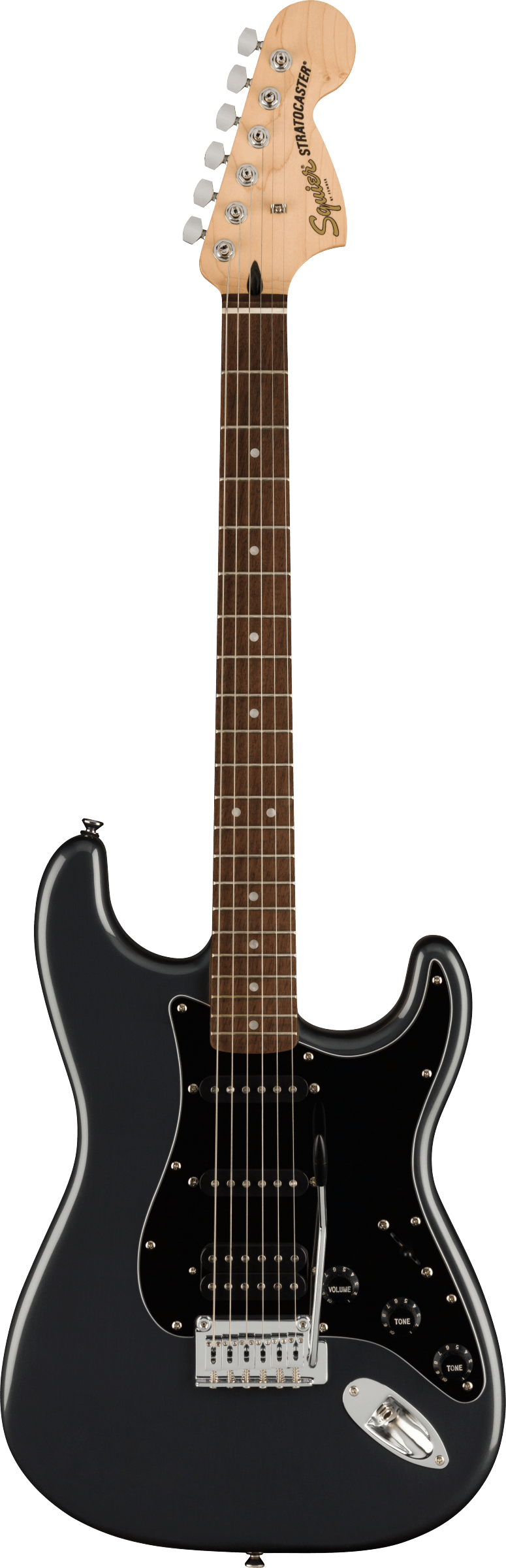 The image shows a Squier Stratocaster electric guitar with a black solid body and gloss finish. It features a maple neck with a rosewood fretboard, chrome 6-inline tuners, and visible Squier branding on the headstock. The guitar has three single-coil pickups with white covers, a black pickguard, standard Stratocaster controls, a 5-way switch, and a synchronized tremolo bridge. This budget-friendly model retains classic Strat design and playability.