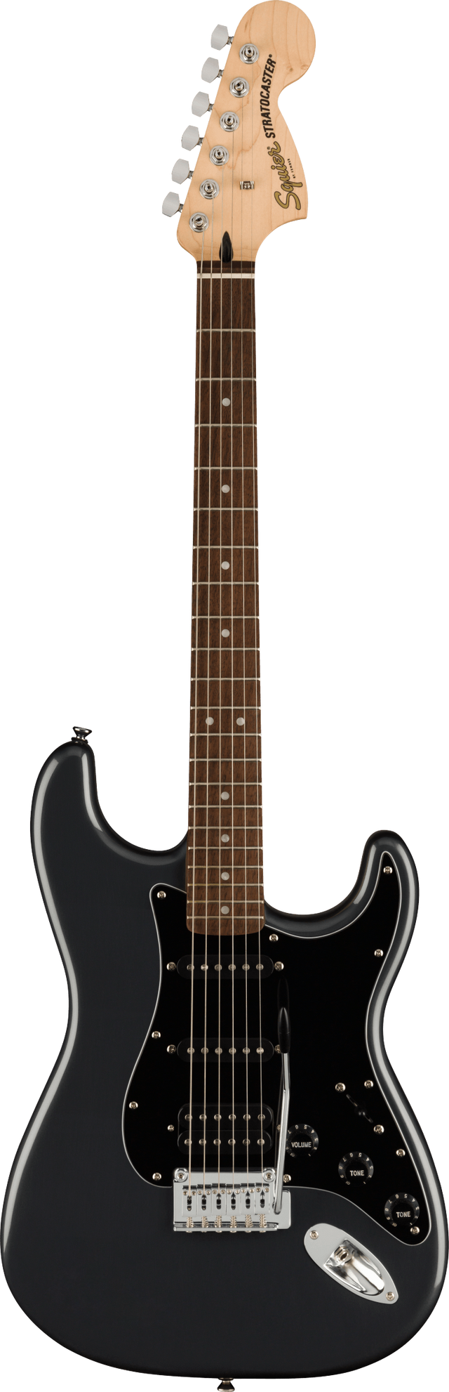 The image shows a Squier Stratocaster electric guitar with a black solid body and gloss finish. It features a maple neck with a rosewood fretboard, chrome 6-inline tuners, and visible Squier branding on the headstock. The guitar has three single-coil pickups with white covers, a black pickguard, standard Stratocaster controls, a 5-way switch, and a synchronized tremolo bridge. This budget-friendly model retains classic Strat design and playability.