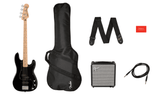 The image shows a complete Fender bass guitar starter kit featuring a black Precision-style bass with maple neck, a black Fender gig bag, a matching strap, a small Fender practice amplifier, an instrument cable, and a small red accessory, likely picks or a booklet. This beginner bundle includes essential gear for new players to start playing bass guitar.