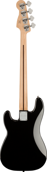 The image shows the back of a four-string electric bass guitar with a natural maple neck and headstock, featuring four chrome tuning pegs with white buttons. The body has a glossy black finish, and a metal neck plate indicates bolt-on neck construction. The design and proportions suggest a style similar to Fender Precision or Jazz basses. This string instrument is commonly used in genres like rock, pop, jazz, and funk.