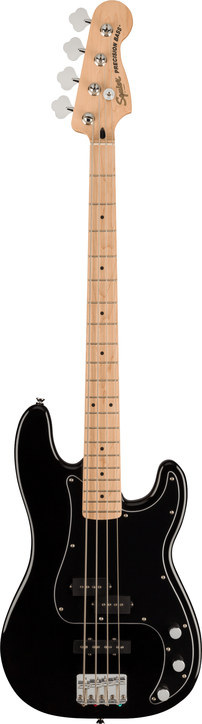 The image shows a Squier Precision Bass, a 4-string electric bass guitar with a black body, maple neck, and fretboard. It features chrome tuning pegs, a single split-coil pickup, white control knobs, chrome bridge, and a black pickguard. This classic P-bass design is known for its iconic tone and is popular among beginners and intermediates for its affordability and quality.