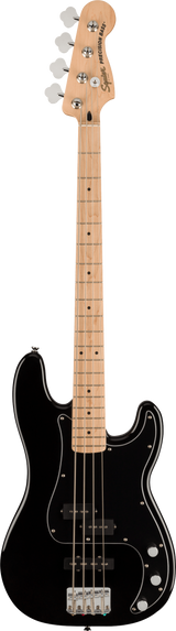 The image shows a Squier Precision Bass, a 4-string electric bass guitar with a black body, maple neck, and fretboard. It features chrome tuning pegs, a single split-coil pickup, white control knobs, chrome bridge, and a black pickguard. This classic P-bass design is known for its iconic tone and is popular among beginners and intermediates for its affordability and quality.