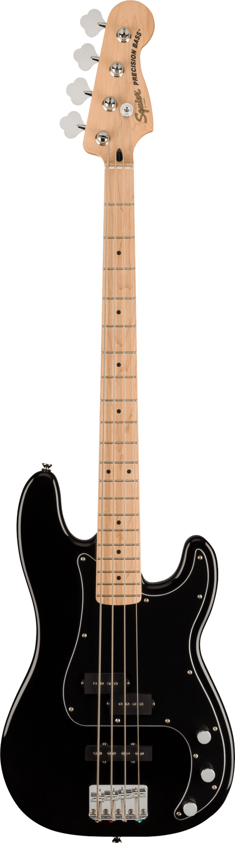 The image shows a Squier Precision Bass, a 4-string electric bass guitar with a black body, maple neck, and fretboard. It features chrome tuning pegs, a single split-coil pickup, white control knobs, chrome bridge, and a black pickguard. This classic P-bass design is known for its iconic tone and is popular among beginners and intermediates for its affordability and quality.