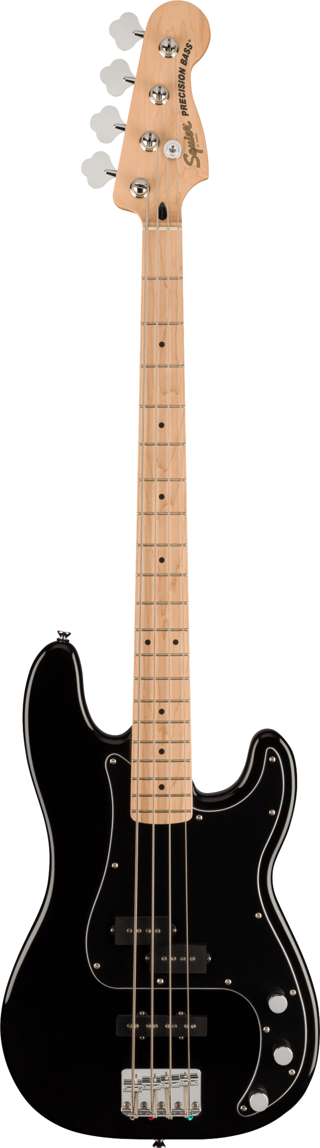 The image shows a Squier Precision Bass, a 4-string electric bass guitar with a black body, maple neck, and fretboard. It features chrome tuning pegs, a single split-coil pickup, white control knobs, chrome bridge, and a black pickguard. This classic P-bass design is known for its iconic tone and is popular among beginners and intermediates for its affordability and quality.