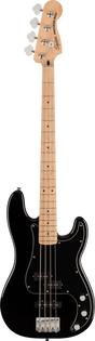 The image shows a Squier Precision Bass, a 4-string electric bass guitar with a black body, maple neck, and fretboard. It features chrome tuning pegs, a single split-coil pickup, white control knobs, chrome bridge, and a black pickguard. This classic P-bass design is known for its iconic tone and is popular among beginners and intermediates for its affordability and quality.