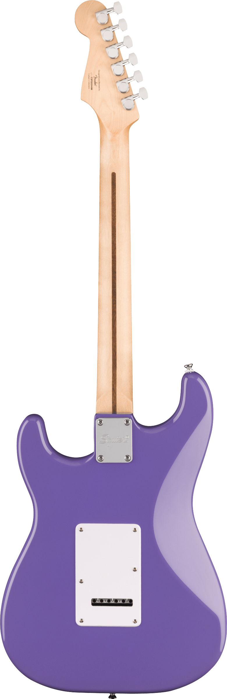 The image shows the back of a solid-body electric guitar with a glossy purple/violet finish and a classic Stratocaster-style double-cutaway shape. It features chrome tuning machines on the headstock, white pickup and cavity covers, a metal neck plate, and a tremolo cavity cover. The bolt-on maple neck has a truss rod adjustment slot. This guitar resembles a Fender Stratocaster with a distinctive, eye-catching finish.