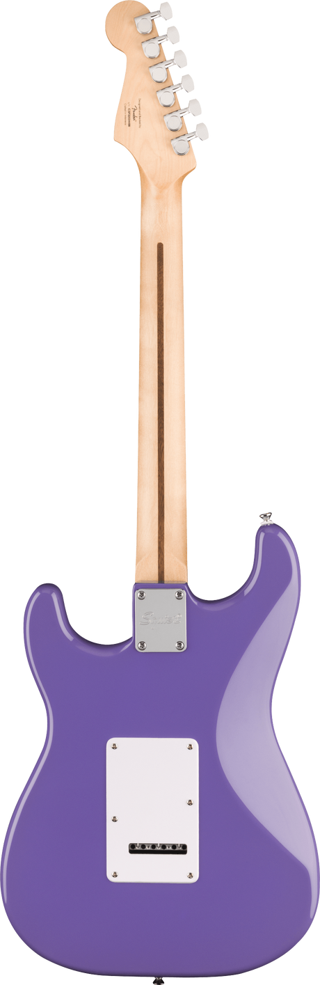 The image shows the back of a solid-body electric guitar with a glossy purple/violet finish and a classic Stratocaster-style double-cutaway shape. It features chrome tuning machines on the headstock, white pickup and cavity covers, a metal neck plate, and a tremolo cavity cover. The bolt-on maple neck has a truss rod adjustment slot. This guitar resembles a Fender Stratocaster with a distinctive, eye-catching finish.