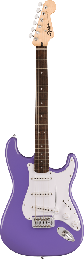 The image shows a Squier Stratocaster-style electric guitar with a glossy purple body, white pickguard, and three single-coil pickups. It has a maple neck with a dark rosewood fretboard and white dot inlays. The headstock features the Squier logo and six chrome tuning pegs. White pickup covers and control knobs complement the chrome tremolo bridge. This entry-level model offers classic Fender style and sound with a vibrant finish.