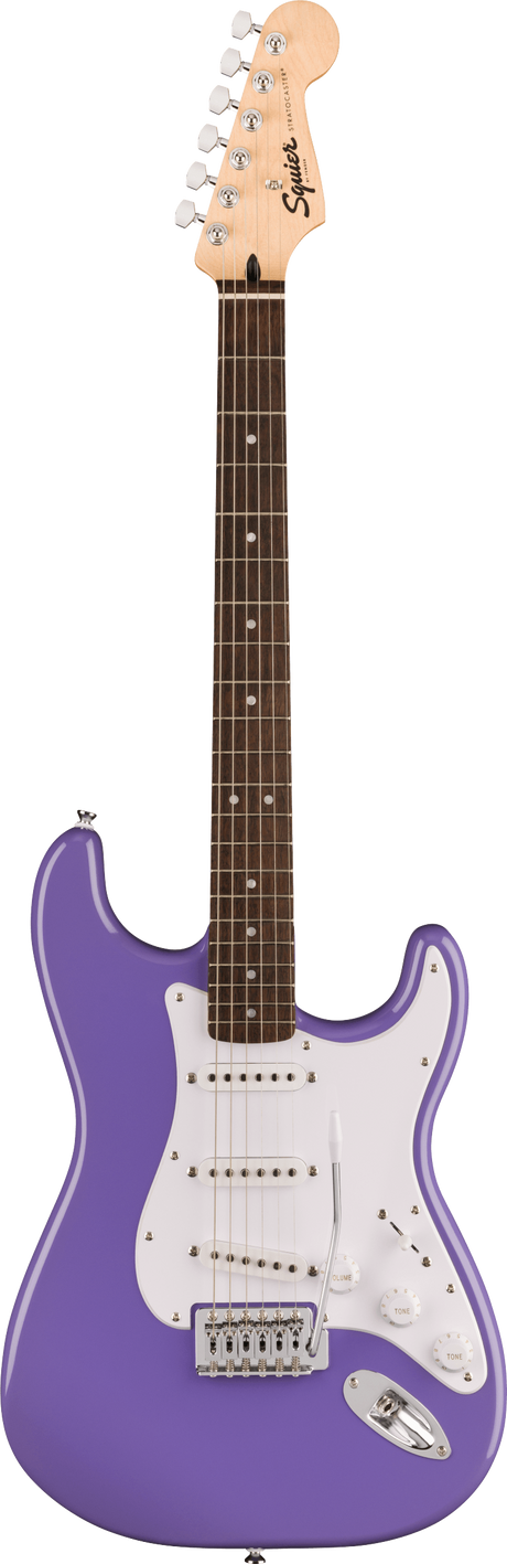 The image shows a Squier Stratocaster-style electric guitar with a glossy purple body, white pickguard, and three single-coil pickups. It has a maple neck with a dark rosewood fretboard and white dot inlays. The headstock features the Squier logo and six chrome tuning pegs. White pickup covers and control knobs complement the chrome tremolo bridge. This entry-level model offers classic Fender style and sound with a vibrant finish.