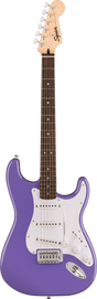 The image shows a Squier Stratocaster-style electric guitar with a glossy purple body, white pickguard, and three single-coil pickups. It has a maple neck with a dark rosewood fretboard and white dot inlays. The headstock features the Squier logo and six chrome tuning pegs. White pickup covers and control knobs complement the chrome tremolo bridge. This entry-level model offers classic Fender style and sound with a vibrant finish.
