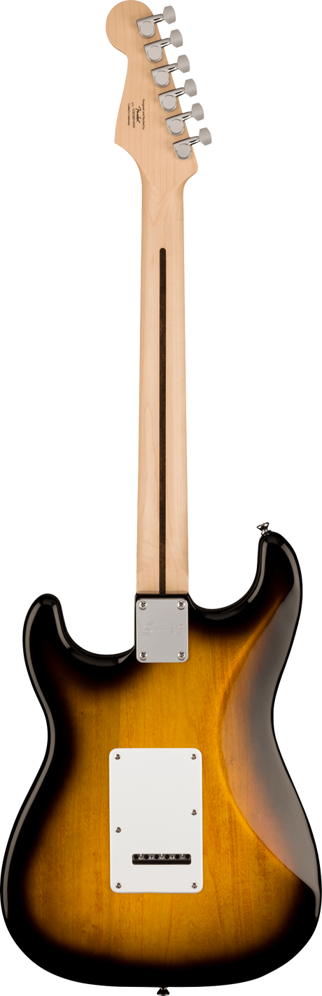 The image shows the back of a Stratocaster-style electric guitar with a natural maple headstock featuring six chrome tuning pegs in a 6-in-line layout and a visible logo. It has a maple neck with a dark center stripe and a contoured sunburst body. Visible hardware includes a chrome neck plate, white pickup cavity cover, and chrome tremolo cavity plate, indicating bolt-on neck construction.