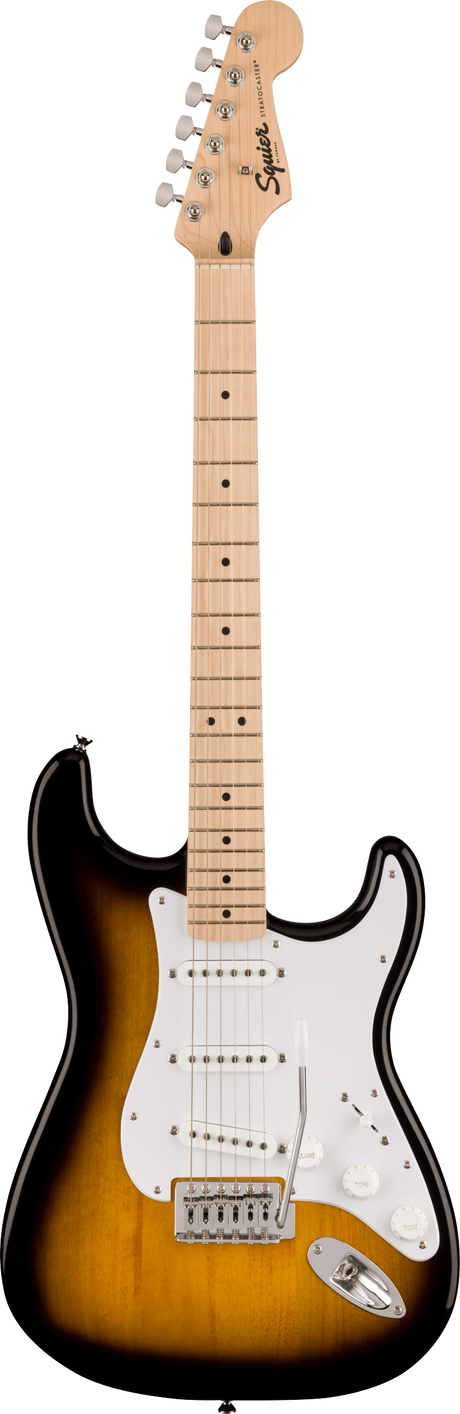 The image shows a Squier Stratocaster-style electric guitar with a sunburst finish, white pickguard, and three single-coil pickups. It features chrome hardware, a standard tremolo bridge, maple neck and fretboard with dot markers, and six tuning pegs. The "Squier" logo is visible on the headstock. This is an entry-level to intermediate guitar offering classic Fender design and sound at an affordable price.