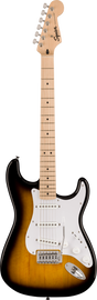 The image shows a Squier Stratocaster-style electric guitar with a sunburst finish, white pickguard, and three single-coil pickups. It features chrome hardware, a standard tremolo bridge, maple neck and fretboard with dot markers, and six tuning pegs. The "Squier" logo is visible on the headstock. This is an entry-level to intermediate guitar offering classic Fender design and sound at an affordable price.