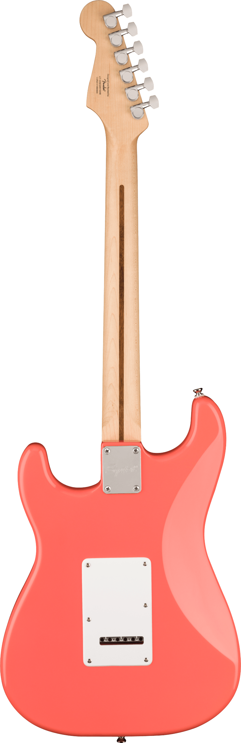 The image shows the back of a coral pink Stratocaster-style electric guitar with a glossy body and classic contours. It features a natural wood neck and headstock with six chrome tuning pegs in a 6-in-line layout. Visible are a white tremolo cavity cover, a chrome neck plate, and a truss rod adjustment slot. The bolt-on neck design and hardware suggest a Fender or similar model.