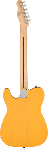 The image shows the back of a bright orange Telecaster-style electric guitar with a single-cutaway body. It features a natural maple neck and headstock with six chrome tuning pegs in a straight line, a metal neck plate indicating bolt-on construction, and a clean, minimalist design. The guitar is photographed against a white background, highlighting its professional finish and hardware.