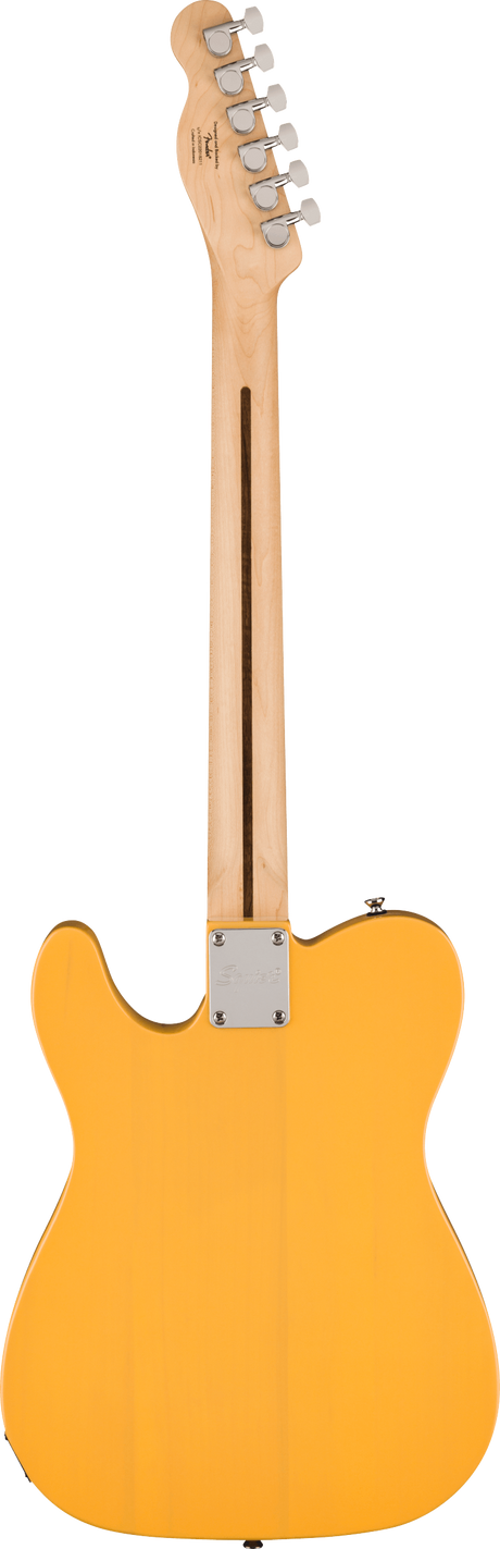 The image shows the back of a bright orange Telecaster-style electric guitar with a single-cutaway body. It features a natural maple neck and headstock with six chrome tuning pegs in a straight line, a metal neck plate indicating bolt-on construction, and a clean, minimalist design. The guitar is photographed against a white background, highlighting its professional finish and hardware.