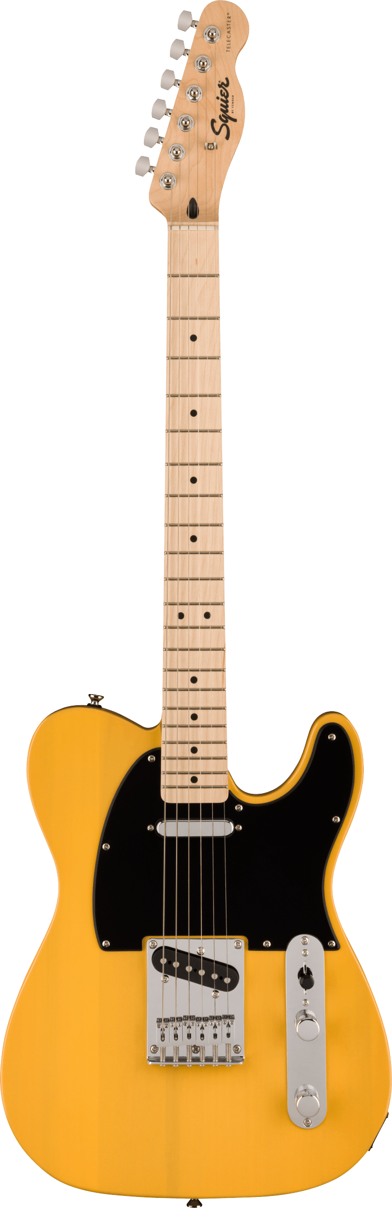 The image shows a Squier Telecaster electric guitar with a bright butterscotch yellow Tele-style body. It features a maple neck and fretboard with dot markers, chrome tuning pegs, a black pickguard, two single-coil pickups, a traditional Telecaster bridge, and standard controls. The Squier logo is visible on the headstock, representing Fender’s affordable brand. This classic design is known for its bright, twangy tone and versatile use across many music genres.