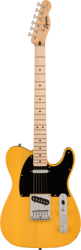 The image shows a Squier Telecaster electric guitar with a bright butterscotch yellow Tele-style body. It features a maple neck and fretboard with dot markers, chrome tuning pegs, a black pickguard, two single-coil pickups, a traditional Telecaster bridge, and standard controls. The Squier logo is visible on the headstock, representing Fender’s affordable brand. This classic design is known for its bright, twangy tone and versatile use across many music genres.