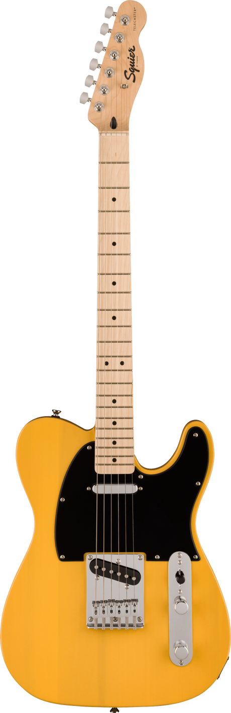 The image shows a Squier Telecaster electric guitar with a bright butterscotch yellow Tele-style body. It features a maple neck and fretboard with dot markers, chrome tuning pegs, a black pickguard, two single-coil pickups, a traditional Telecaster bridge, and standard controls. The Squier logo is visible on the headstock, representing Fender’s affordable brand. This classic design is known for its bright, twangy tone and versatile use across many music genres.
