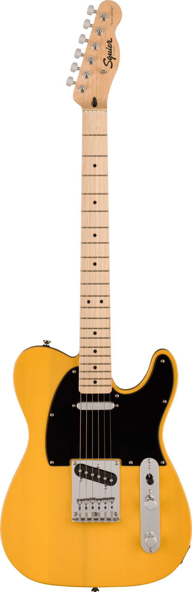 The image shows a Squier Telecaster electric guitar with a bright butterscotch yellow Tele-style body. It features a maple neck and fretboard with dot markers, chrome tuning pegs, a black pickguard, two single-coil pickups, a traditional Telecaster bridge, and standard controls. The Squier logo is visible on the headstock, representing Fender’s affordable brand. This classic design is known for its bright, twangy tone and versatile use across many music genres.