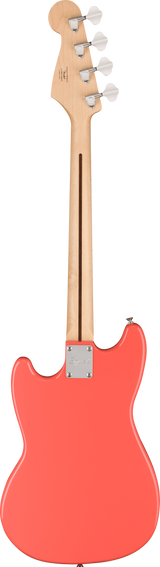 The image shows the back of a modern electric bass guitar with a coral-colored glossy body and natural wood finish neck and headstock. It features four tuning pegs, a metal neck plate, and a classic bass shape with curves and cutaways. The clean white background suggests a product photo, highlighting the attractive two-tone design reminiscent of classic Fender Precision or Jazz bass models.