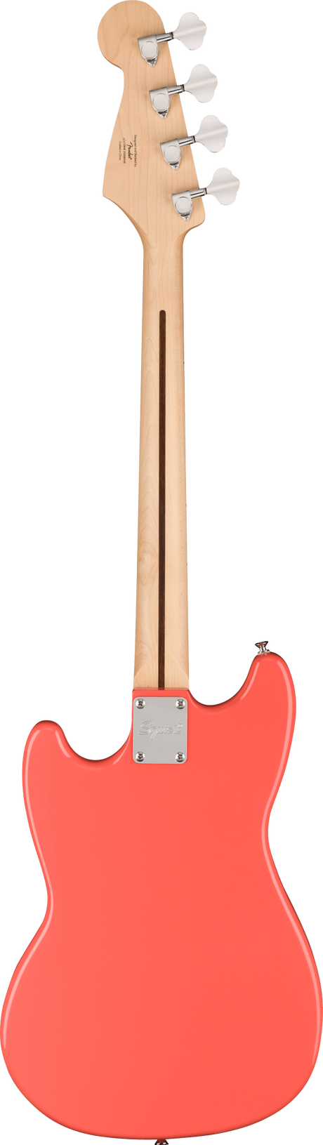 The image shows the back of a modern electric bass guitar with a coral-colored glossy body and natural wood finish neck and headstock. It features four tuning pegs, a metal neck plate, and a classic bass shape with curves and cutaways. The clean white background suggests a product photo, highlighting the attractive two-tone design reminiscent of classic Fender Precision or Jazz bass models.