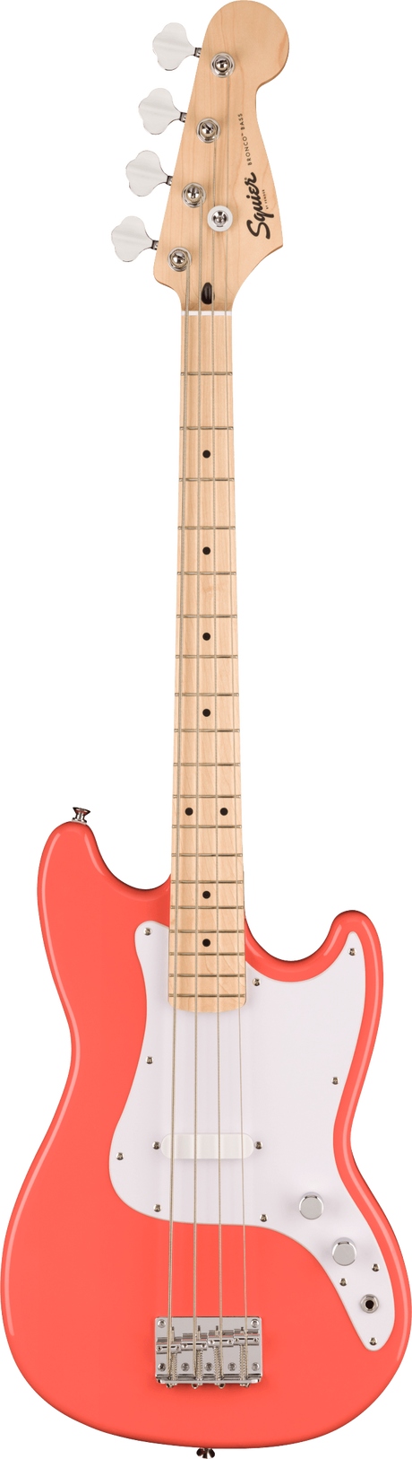 The image shows a Squier electric 4-string bass guitar with a bright coral body and white pickguard. It features a natural maple neck and fretboard, chrome tuning pegs, a single-coil pickup, and standard volume and tone knobs. The classic offset body and dot inlays reflect Fender’s style, combining vibrant aesthetics with accessible quality and classic bass sound.