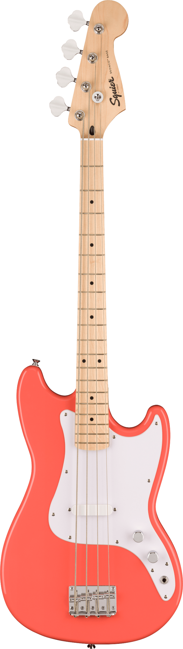 The image shows a Squier electric 4-string bass guitar with a bright coral body and white pickguard. It features a natural maple neck and fretboard, chrome tuning pegs, a single-coil pickup, and standard volume and tone knobs. The classic offset body and dot inlays reflect Fender’s style, combining vibrant aesthetics with accessible quality and classic bass sound.