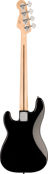 The image shows the back of a black electric bass guitar with a natural wood maple neck and headstock. It features a classic body shape, four chrome tuning machines in a 4-in-line layout, and a metal neck plate indicating bolt-on construction. The wood grain is visible on the neck, and the guitar has a clean, glossy finish typical of modern electric basses, resembling popular Jazz or Precision Bass styles.