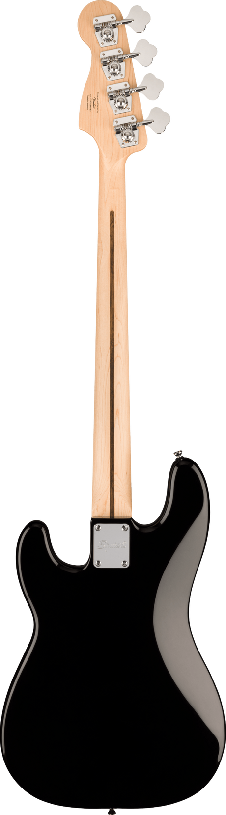 The image shows the back of a black electric bass guitar with a natural wood maple neck and headstock. It features a classic body shape, four chrome tuning machines in a 4-in-line layout, and a metal neck plate indicating bolt-on construction. The wood grain is visible on the neck, and the guitar has a clean, glossy finish typical of modern electric basses, resembling popular Jazz or Precision Bass styles.