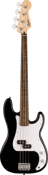 The image shows a Squier Precision Bass electric bass guitar with a classic 4-string P-Bass body shape. It features a black glossy finish, white pickguard, white pickup covers, and chrome bridge and tuning machines. The maple neck has a dark wood fretboard. The Squier logo is visible on the headstock. This modern P-Bass model offers the traditional Fender design and sound at an affordable price.