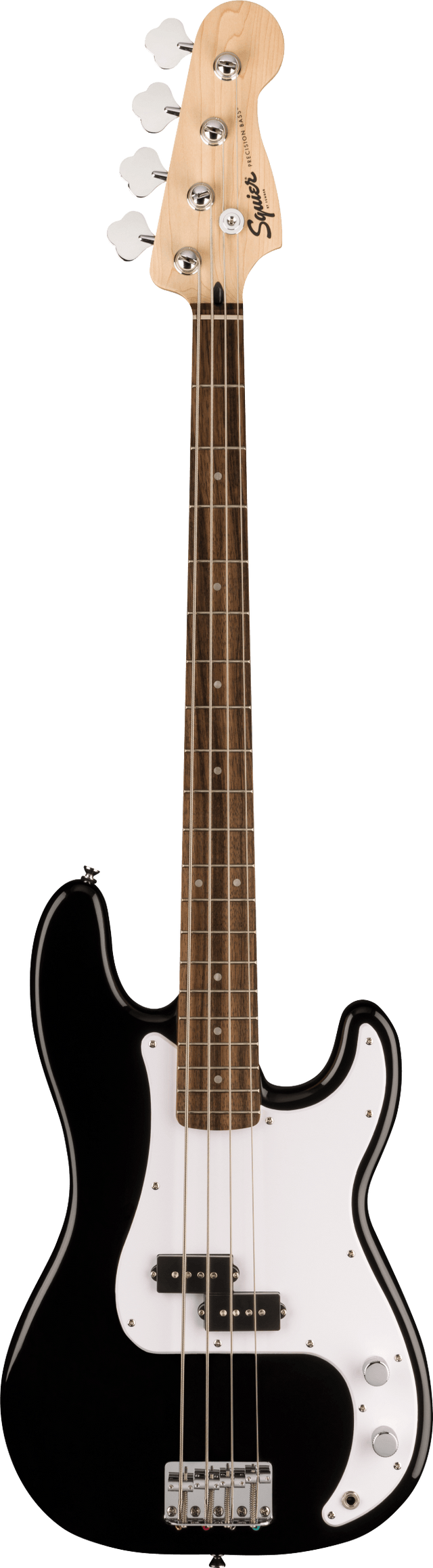 The image shows a Squier Precision Bass electric bass guitar with a classic 4-string P-Bass body shape. It features a black glossy finish, white pickguard, white pickup covers, and chrome bridge and tuning machines. The maple neck has a dark wood fretboard. The Squier logo is visible on the headstock. This modern P-Bass model offers the traditional Fender design and sound at an affordable price.