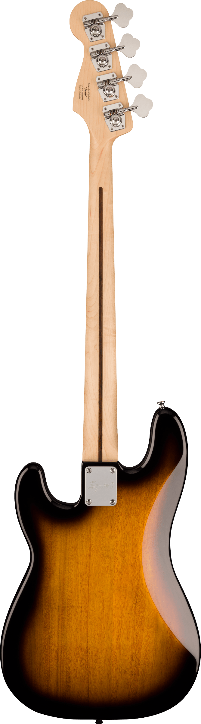 The image shows the back of a 4-string electric bass guitar with a natural maple neck and headstock, featuring four tuning pegs and chrome hardware. The body has a classic sunburst finish, transitioning from dark edges to a lighter center, and a traditional bass shape with characteristic curves and cutaways, resembling vintage models like a Fender Jazz Bass.