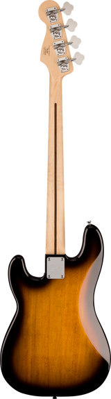 The image shows the back of a 4-string electric bass guitar with a natural maple neck and headstock, featuring four tuning pegs and chrome hardware. The body has a classic sunburst finish, transitioning from dark edges to a lighter center, and a traditional bass shape with characteristic curves and cutaways, resembling vintage models like a Fender Jazz Bass.